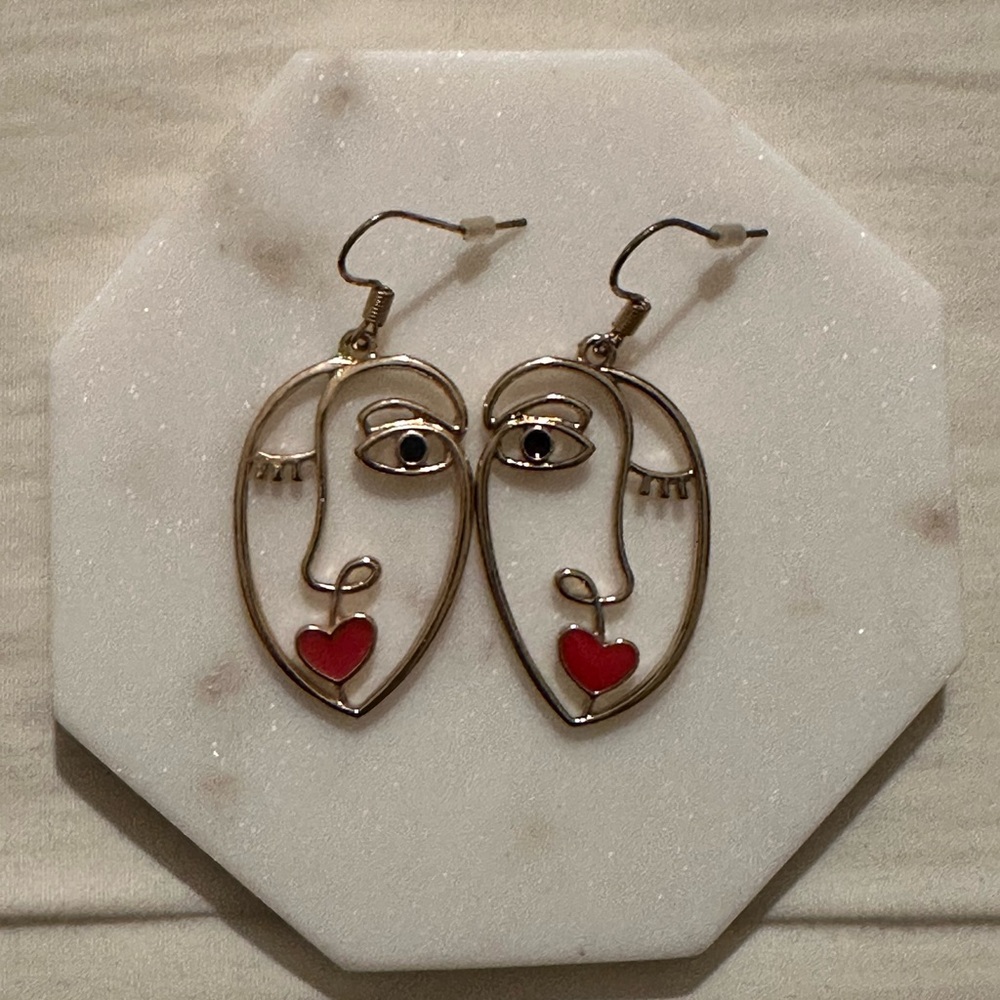 Gold and Red Abstract Face Earrings